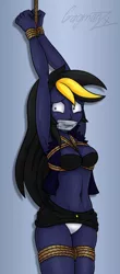 Size: 438x1000 | Tagged: suggestive, artist:gagmanzx, derpibooru import, oc, oc:shadow thunder, equestria girls, armpits, bondage, bra, breasts, caught, clothes, damsel in distress, denim skirt, embarrassed, embarrassed underwear exposure, female, gag, midriff, miniskirt, open clothes, panties, skirt, skirt lift, solo, solo female, tape, tape gag, thighs, tied up, underwear, upskirt, white underwear