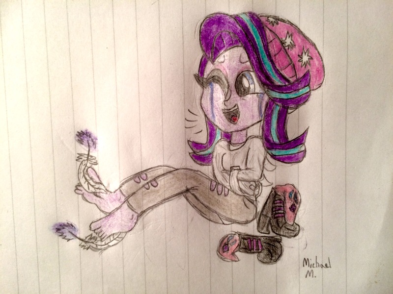 Size: 3264x2448 | Tagged: suggestive, artist:michaelmaddox222, deleted from derpibooru, derpibooru import, starlight glimmer, human, equestria girls, mirror magic, spoiler:eqg specials, barefoot, beanie, bondage, clothes, colored, crying, cute, feather, feet, female, fetish, glimmerbetes, hat, laughing, lined paper, magic, ripped pants, shoes, signature, socks, solo, straitjacket, tears of laughter, tickle fetish, tickling, toes, traditional art