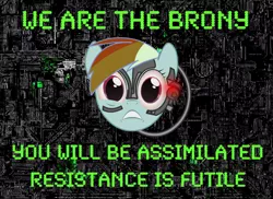 Size: 800x582 | Tagged: borg, borg cube, caption, derpibooru import, image macro, locutus, meme, rainbow dash, resistance is futile, safe, star trek, text