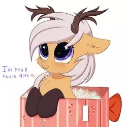 Size: 3000x3000 | Tagged: safe, artist:pesty_skillengton, derpibooru import, oc, oc:antler pone, unofficial characters only, original species, pony, antlers, blushing, box, chest fluff, clothes, commission, cute, ear fluff, female, heart, heart eyes, pesty's little gift, pony in a box, present, simple background, socks, solo, wingding eyes, ych result