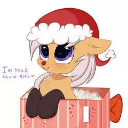 Size: 3000x3000 | Tagged: safe, artist:pesty_skillengton, derpibooru import, oc, oc:antler pone, unofficial characters only, original species, pony, antlers, blushing, box, chest fluff, christmas, clothes, commission, cute, ear fluff, female, hat, heart, heart eyes, holiday, pesty's little gift, pony in a box, present, santa hat, simple background, socks, solo, wingding eyes, ych result