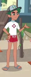 Size: 277x683 | Tagged: safe, derpibooru import, screencap, timber spruce, equestria girls, equestria girls series, turf war, clothes, cropped, feet, legs, lifeguard, lifeguard timber, male, male feet, sandals, shorts, smiling
