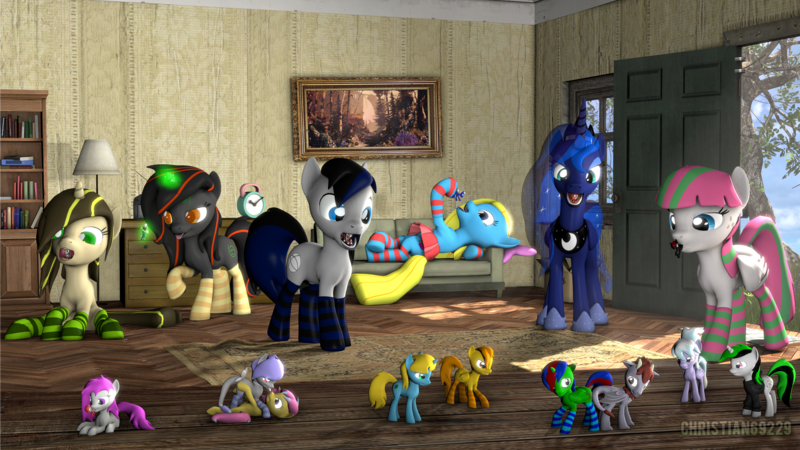 Size: 3840x2160 | Tagged: questionable, artist:christian69229, derpibooru import, blossomforth, cloudchaser, princess luna, oc, oc:cherry bloo, oc:christian clefnote, oc:cuteamena, oc:cutie dash, oc:electric blue, oc:ender pone, oc:jay mihay, oc:luminous siren, oc:manupone, oc:mystery hyperpurple, oc:pastry baker, oc:radiant siren, oc:ragingdash, oc:seraphine night, oc:splitter, oc:sunshine denom, oc:tero, alicorn, earth pony, human, pegasus, pony, unicorn, 3d, alicorn oc, clock, clothes, electricute, fetish, group, horn, lunapred, macro, micro, painting, shipping, size difference, socks, source filmmaker, striped socks, vore, wings