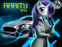 Size: 5200x4000 | Tagged: safe, artist:clear vision, derpibooru import, rarity, anthro, unicorn, abstract background, absurd resolution, aston martin, aston martin db9, car, clothes, coat, crossover, description is relevant, eyeshadow, female, gloves, leather gloves, looking at you, makeup, mare, necktie, need for speed, need for speed carbon, obscure reference, parody, racecar, raised eyebrow, smiling, smirk, solo, tfk, the fortuna kings, trenchcoat, wolf (nfs carbon)