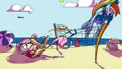 Size: 1280x720 | Tagged: abuse, artist:late, beach, beach volleyball, clothes, derpibooru import, derpy hooves, edit, flutterbuse, fluttershy, jersey, ocean, oof, ouch, rainbow dash, rarity, safe, sports, this will end in death, this will end in tears, this will end in tears and/or death, throwing things at fluttershy, twilight sparkle, volleyball