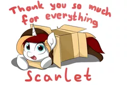 Size: 1015x676 | Tagged: safe, artist:thedarksideofvipy, artist:vipy, derpibooru import, oc, oc:scarlet serenade, unofficial characters only, pony, unicorn, box, cute, female, mare, simple background, smiling, solo, white background