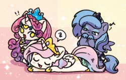 Size: 298x190 | Tagged: safe, artist:yukandasama, derpibooru import, princess amore, princess celestia, princess luna, alicorn, crystal pony, pony, female, mare, sleeping