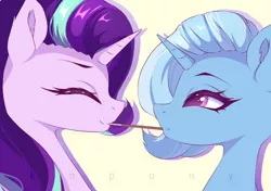 Size: 1000x703 | Tagged: safe, artist:knpony, derpibooru import, starlight glimmer, trixie, cute, female, food, lesbian, pocky, pocky game, shipping, startrix