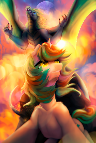 Size: 2664x3975 | Tagged: safe, artist:dolorosacake, derpibooru import, oc, oc:northern spring, unofficial characters only, dragon, pony, commission, community related, dragonborn, moon, smiling, sun, ych result