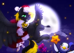 Size: 2412x1727 | Tagged: safe, artist:dolorosacake, derpibooru import, oc, oc:shade demonshy, unofficial characters only, pegasus, pony, christmas, commission, female, hat, holiday, mare, santa hat, sky, solo, ych result