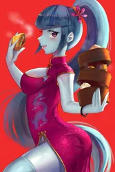 Size: 800x1200 | Tagged: safe, artist:tzc, derpibooru import, sonata dusk, equestria girls, rainbow rocks, anime, baozi, breasts, busty sonata dusk, cheongsam, chinese dress, clothes, dumplings, eating, female, food, looking at you, needs more saturation, ponytail, red background, sexy, simple background, socks, solo, thigh highs