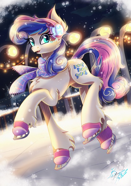 Size: 2893x4093 | Tagged: safe, artist:alexbluebird, derpibooru import, bon bon, sweetie drops, earth pony, pony, cheek fluff, chest fluff, clothes, ear fluff, earmuffs, female, fence, fluffy, hoof fluff, ice, ice skates, ice skating, lamp, leg fluff, looking at you, mare, open mouth, scarf, smiling, snow, snowflake, solo, winter