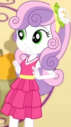 Size: 2067x3677 | Tagged: safe, derpibooru import, screencap, sweetie belle, a photo booth story, eqg summertime shorts, equestria girls, adorable face, cute, cute face, diasweetes, do not want, fall formal, fall formal outfits, flower, flower in hair, hairband, nervous, shocked, shocked face, solo, teeth