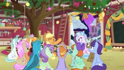 Size: 1280x720 | Tagged: safe, derpibooru import, screencap, amber grain, applejack, auburn vision, clever musings, gallus, november rain, ocellus, peppermint goldylinks, silverstream, snowy quartz, strawberry scoop, violet twirl, changedling, changeling, earth pony, gryphon, hippogriff, pegasus, pony, unicorn, best gift ever, hearth's warming shorts, mystery voice, apple, apple tree, applejack's barn, applejack's hat, background pony, barn, bow, cowboy hat, cutie mark, female, friendship student, hair bow, hat, hearth's warming, hearth's warming decorations, malachite (sailor moon), male, mare, sailor moon, stallion, tree, wings