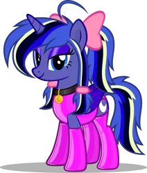 Size: 1280x1506 | Tagged: safe, artist:applec1234, deleted from derpibooru, derpibooru import, oc, oc:woona sparkle, unofficial characters only, alicorn, pony, alicorn oc, bow, clothes, collar, eyeshadow, female, hair bow, horn, latex, latex socks, makeup, mare, ponytail, socks, solo, swimsuit, wings