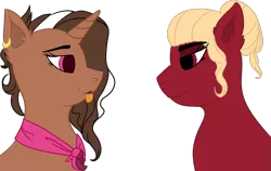 Size: 1433x908 | Tagged: safe, artist:icey-wicey-1517, artist:vampielle, color edit, derpibooru import, edit, oc, oc:braveheart spurs, oc:burning lust, unofficial characters only, earth pony, pony, unicorn, bandana, bedroom eyes, collaboration, colored, cute, ear fluff, eyeshadow, female, hair bun, lesbian, lipstick, makeup, mare, oc x oc, shipping, simple background, tongue out, transparent background