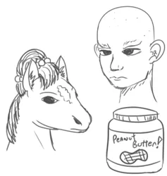 Size: 500x527 | Tagged: safe, artist:jargon scott, derpibooru import, oc, oc:brownie bun, oc:richard, earth pony, human, pony, bald, bust, female, food, hoers, male, mare, monochrome, peanut butter, serious, serious face, simple background, white background