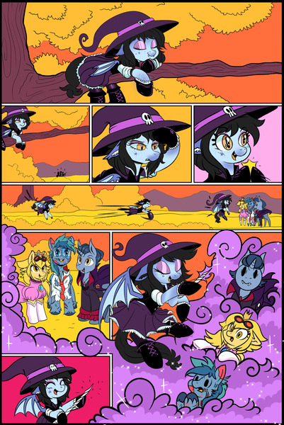 Size: 1280x1915 | Tagged: safe, artist:ask-colorsound, derpibooru import, oc, oc:b.b., oc:lighting chaser, oc:mitzy, oc:umami stale, unofficial characters only, bat pony, pegasus, pony, unicorn, comic:spooky day, bat pony oc, bat wings, comic, flying, halloween, hat, holiday, horn, nightmare night, pegasus oc, sleeping, slit eyes, unicorn oc, wings, witch, witch hat