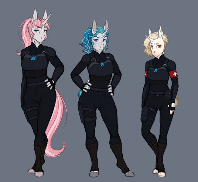 Size: 3584x3300 | Tagged: safe, artist:askbubblelee, derpibooru import, oc, oc:bubble lee, oc:cross stitch, oc:rosie quartz, unofficial characters only, anthro, unguligrade anthro, unicorn, alternate universe, anthro oc, clothes, colored sketch, female, freckles, hand on hip, hands on waist, mare, royal guard, serious, serious face, simple background, standing, trio, trio female, uniform, willowverse