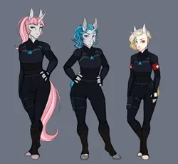 Size: 3584x3300 | Tagged: safe, artist:askbubblelee, derpibooru import, oc, oc:bubble lee, oc:cross stitch, oc:rosie quartz, unofficial characters only, anthro, unguligrade anthro, unicorn, alternate universe, anthro oc, clothes, colored sketch, female, freckles, hand on hip, hands on waist, mare, royal guard, serious, serious face, simple background, standing, trio, trio female, uniform, willowverse