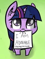 Size: 1135x1491 | Tagged: safe, artist:artiks, derpibooru import, edit, editor:nightshadowmlp, twilight sparkle, change my mind, cute, exploitable meme, female, filly, filly twilight sparkle, meme, twiabetes, younger