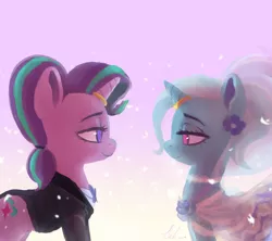 Size: 1280x1135 | Tagged: safe, artist:raikoh, derpibooru import, starlight glimmer, trixie, pony, unicorn, alternate hairstyle, clothes, cutie mark, dress, female, gown, horn, horn ring, jacket, jewelry, lesbian, lidded eyes, lineless, looking at each other, mare, marriage, ring, shipping, startrix, tuxedo, wedding, wedding dress, wedding gown, wedding ring