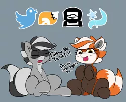 Size: 1280x1041 | Tagged: safe, artist:pabbley, derpibooru import, oc, oc:bandy cyoot, oc:pandy cyoot, earth pony, hybrid, pony, raccoon, raccoon pony, red panda, red panda pony, bags under eyes, dialogue, meta, newgrounds, sitting, tired, tumblr, tumblr 2018 nsfw purge, twitter