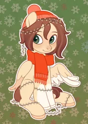 Size: 2064x2906 | Tagged: safe, artist:furuwaru, derpibooru import, pegasus, pony, blushing, clothes, colored hooves, cute, female, garland, hat, mare, scarf, snow, snowflake, toque