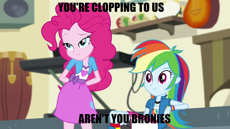 Size: 1912x1072 | Tagged: suggestive, derpibooru import, edit, edited screencap, screencap, pinkie pie, rainbow dash, dance magic, equestria girls, spoiler:eqg specials, bronybait, caption, clothes, desk, drums, duo, duo female, female, image macro, impact font, implied clopping, implied masturbation, lidded eyes, meme, musical instrument, text