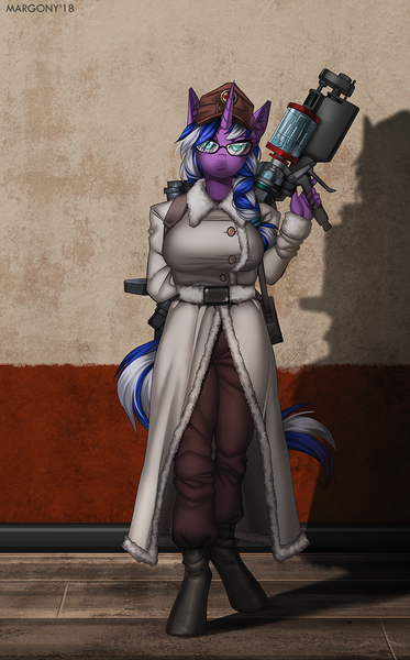 Size: 808x1300 | Tagged: safe, artist:margony, derpibooru import, oc, anthro, unguligrade anthro, unicorn, anthro oc, clothes, commission, female, glasses, mare, medic, syringe gun, team fortress 2