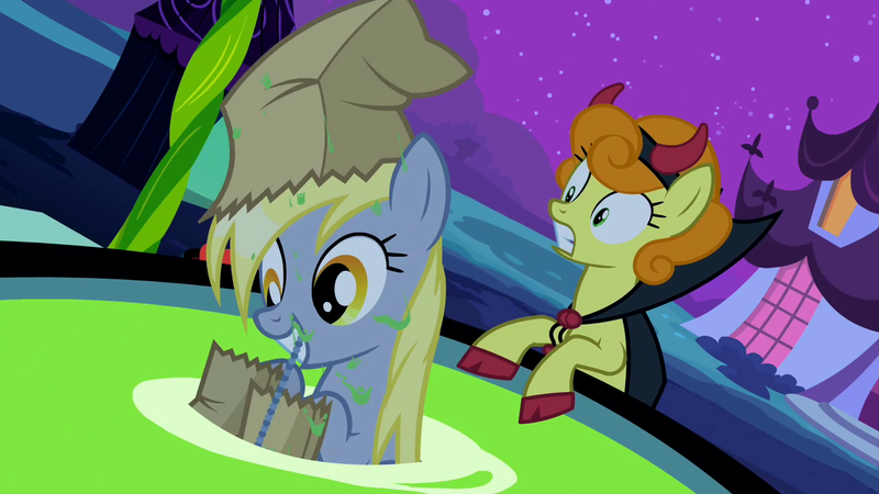 Size: 1280x720 | Tagged: safe, derpibooru import, screencap, carrot top, derpy hooves, golden harvest, earth pony, pegasus, pony, luna eclipsed, bag, derpy doing derpy things, devil costume, devil horns, nightmare night, paper bag, plug, ponyville, silly, silly pony