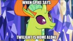 Size: 887x500 | Tagged: antlers, caption, changedling, changeling, derpibooru import, edit, edited screencap, female, image macro, implied twilight sparkle, implied twirax, king thorax, male, meme, safe, screencap, shipping, smiling, straight, text, this will end in pregnancy, thorax, triple threat, twilight sparkle, twirax