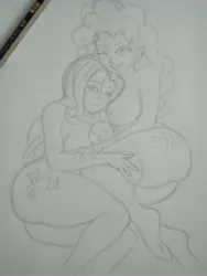 Size: 2448x3264 | Tagged: suggestive, artist:kenuma, derpibooru import, angel bunny, fluttershy, pinkie pie, equestria girls, aftersex, breasts, couple, female, flutterpie, happy, lesbian, pencil drawing, shipping, sketch, traditional art