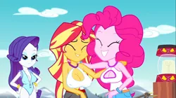 Size: 1100x618 | Tagged: suggestive, derpibooru import, edit, edited screencap, editor:mlp-gft, screencap, pinkie pie, rarity, sunset shimmer, equestria girls, legend of everfree, big breasts, bracelet, breast edit, breasts, busty pinkie pie, busty rarity, busty sunset shimmer, cleavage, erect nipples, female, jewelry, nipple outline, sexy, smiling, trio, trio female
