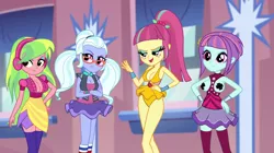 Size: 1280x718 | Tagged: suggestive, derpibooru import, edit, edited screencap, editor:mlp-gft, screencap, lemon zest, sour sweet, sugarcoat, sunny flare, dance magic, equestria girls, spoiler:eqg specials, absolute cleavage, big breasts, breast edit, breasts, busty lemon zest, busty sour sweet, busty sugarcoat, busty sunny flare, cleavage, crystal prep shadowbolts, freckles, headphones, legs, partial nudity, partial nudity edit, pasties, pigtails, ponytail, sexy, twintails