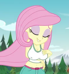 Size: 677x720 | Tagged: suggestive, derpibooru import, edit, edited screencap, editor:mlp-gft, screencap, fluttershy, bat pony, equestria girls, legend of everfree, bedroom eyes, belly button, big breasts, breast edit, breasts, busty fluttershy, cleavage, clothes, erect nipples, eyes closed, flutterbat, midriff, nipple outline, plump, race swap, sexy, smiling, tanktop