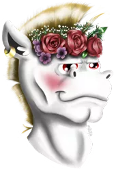 Size: 754x1106 | Tagged: safe, artist:valemjj, derpibooru import, bulk biceps, pegasus, pony, blushing, bulkabetes, bust, cute, ear fluff, ear piercing, earring, flower, flower in hair, head only, jewelry, male, piercing, portrait, solo, stallion