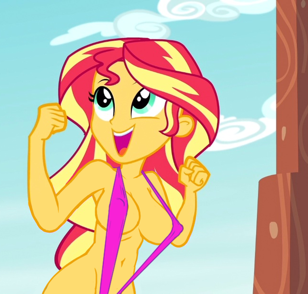 Size: 647x618 | Tagged: suggestive, derpibooru import, edit, edited screencap, editor:mlp-gft, screencap, sunset shimmer, equestria girls, legend of everfree, big breasts, bikini, bikini babe, breast edit, breasts, busty sunset shimmer, cleavage, clothes, erect nipples, nipple outline, sling bikini, swimsuit, swimsuit edit