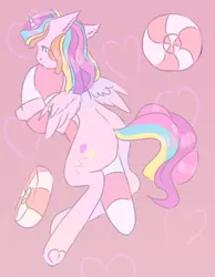 Size: 1400x1800 | Tagged: safe, artist:sinful_stew, derpibooru import, oc, oc:st. pinkie, unofficial characters only, alicorn, pony, alicorn oc, candy, candy cane, commission, digital art, female, food, heart, heart background, horn, mare, nervous, signature, solo, wings, ych result