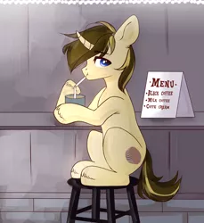 Size: 2200x2400 | Tagged: safe, artist:tosha_papuru0404, derpibooru import, oc, unofficial characters only, pony, unicorn, chair, commission, digital art, drinking, glass, high res, hoof fluff, looking sideways, male, paper, sign, solo, stallion, straw, ych result
