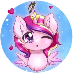 Size: 688x688 | Tagged: safe, artist:tokokami, derpibooru import, princess cadance, alicorn, pony, bust, chibi, cute, cutedance, female, heart, mare, mistletoe, one eye closed, simple background, solo, transparent background, wink