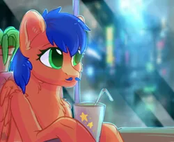 Size: 5500x4500 | Tagged: safe, artist:alphadesu, derpibooru import, oc, oc:griffin, unofficial characters only, pegasus, pony, abstract background, absurd resolution, bendy straw, blue hair, blue mane, blurred background, commission, cute, digital art, drinking straw, facial hair, green eyes, male, moustache, ocbetes, signature, solo, stallion, straw, ych result
