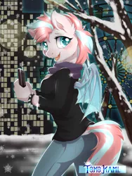 Size: 1200x1600 | Tagged: safe, artist:tokokami, derpibooru import, oc, oc:wild thing, unofficial characters only, anthro, bat pony, anthro oc, bat pony oc, bat wings, blushing, clothes, female, jeans, mare, mobile phone, pants, phone, scarf, smartphone, solo, sweater, wings, winter