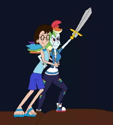 Size: 2233x2481 | Tagged: safe, artist:hunterxcolleen, derpibooru import, rainbow dash, oc, oc:stewart gary, human, equestria girls, equestria girls series, clothes, converse, hug, humanized, shoes, sword, weapon