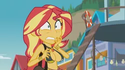 Size: 1280x720 | Tagged: suggestive, derpibooru import, edit, edited screencap, editor:mlp-gft, screencap, sunset shimmer, equestria girls, equestria girls series, forgotten friendship, belly button, big breasts, bracelet, breast edit, breasts, busty sunset shimmer, cleavage, female, geode of empathy, jewelry, magical geodes, sexy, solo, solo female, swimsuit edit