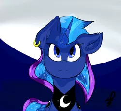 Size: 2244x2053 | Tagged: safe, artist:skysoundslunar, derpibooru import, princess luna, alicorn, pony, bust, ear piercing, female, mare, moon, piercing, signature, smiling, solo