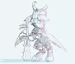 Size: 1266x1080 | Tagged: source needed, safe, artist:apostolllll, derpibooru import, oc, unofficial characters only, pegasus, pony, armor, beard, bipedal, bipedal leaning, facial hair, helmet, leaning, male, monochrome, sketch, skull helmet, solo, stallion, sword, weapon