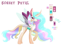 Size: 1708x1316 | Tagged: artist:sugaryicecreammlp, changepony, derpibooru import, female, hybrid, oc, oc:sunset petal, offspring, parent:princess celestia, parents:thoralestia, parent:thorax, reference sheet, safe, simple background, solo, transparent background