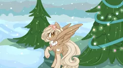 Size: 2000x1100 | Tagged: safe, artist:takan0, derpibooru import, oc, oc:coco, pegasus, pony, female, mare, snow, solo, tree