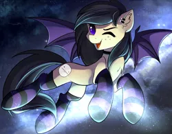 Size: 2500x1951 | Tagged: safe, artist:imbrina, derpibooru import, oc, oc:darkius wolficus, unofficial characters only, bat pony, bat pony oc, bat wings, chest fluff, clothes, collar, cute, ear fluff, ear piercing, female, flying, freckles, mare, one eye closed, piercing, poker face, socks, space, spread wings, striped socks, wings, wink